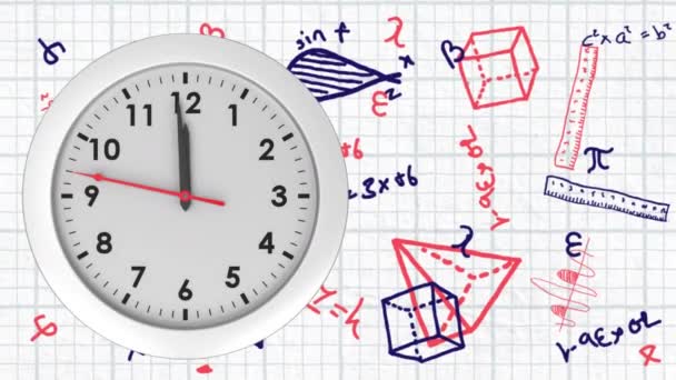 Animation Moving Clock Floating Mathematical Equations White Background Education Back — Stock Video