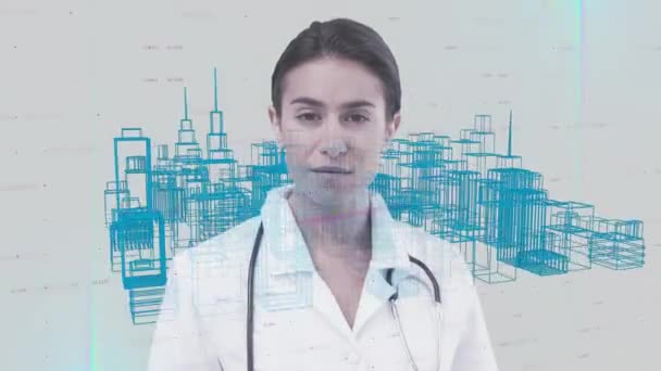 Dijital Arayüz Üzerinde Kadın Doktorun Portresinin Animasyonu Şehir Manzarasının Mavi — Stok video
