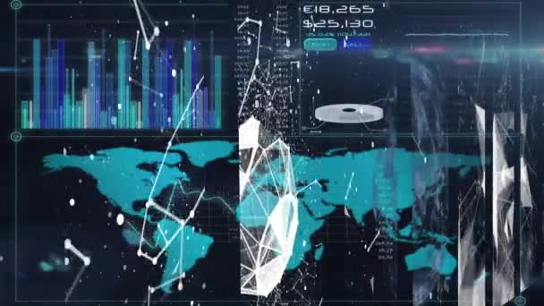Digitale Animation Des Netzwerks Von Verbindungen Über Finanzdatenverarbeitung Und Weltkarte — Stockvideo