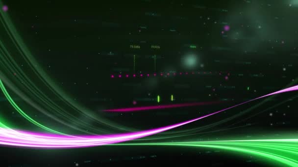 Cyfrowa Animacja Zielonych Fioletowych Ścieżek Świetlnych Poruszających Się Nad Przetwarzaniem — Wideo stockowe