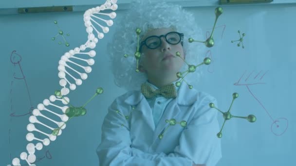 动画3D Dna链旋转在一个穿着实验室外套和假发的男孩的照片上 Covid 19大流行病保健科学概念数字生成图像 — 图库视频影像