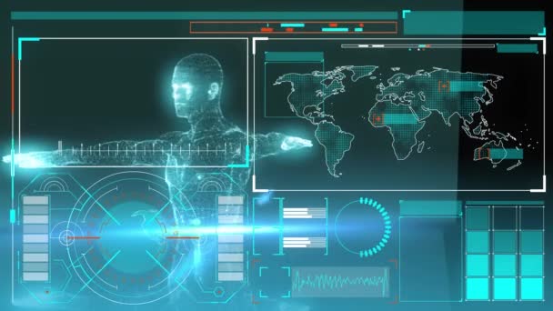 Digitális Animáció Emberi Test Modell Forgó Digitális Interfész Fekete Háttér — Stock videók