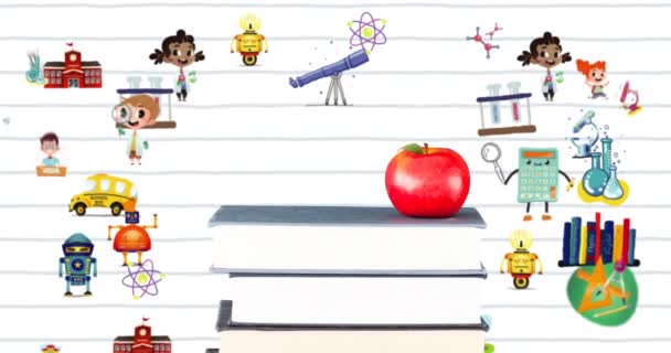 Цифрове Композитне Відео Яблука Стосі Книг Декількох Шкільних Концептуальних Іконок — стокове відео