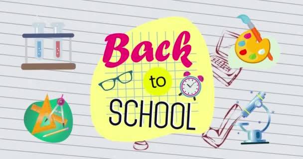 Animação Texto Back School Pictogramas Flutuantes Escola Fundo Branco Educação — Vídeo de Stock