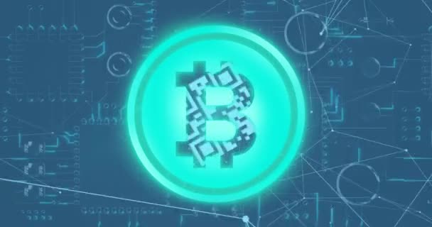 Animation Von Blau Glühendem Bitcoin Code Und Glühenden Details Der — Stockvideo