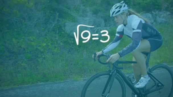 Animation Handwritten Mathematical Equations Recording Woman Cycling Road Background Technology — Stock Video