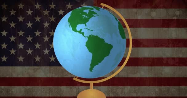 Animáció Forgó Földgömb Felett Lengő Amerikai Zászló Háttérben Oktatás Vissza — Stock videók