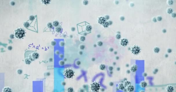 Yüzen Makro Kovid19 Hücrenin Yüzen Diyagramlar Beyaz Arkaplanda Matematiksel Denklemler — Stok video