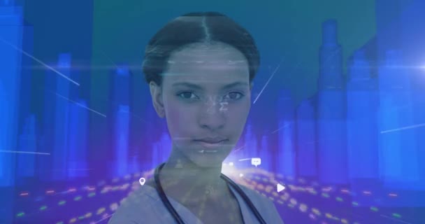 Animacja Portretu Lekarza Nad Interfejsem Cyfrowym Niebieski Świecący Model Architektoniczny — Wideo stockowe