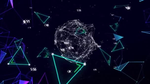 Digitale Animation eines Plexus-Netzwerks, das sich über den Globus von Verbindungsnetzen vor schwarzem Hintergrund bewegt. Globales Vernetzungs- und Vernetzungskonzept