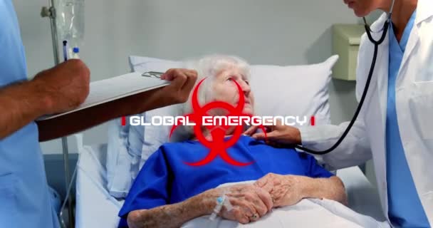 Animace Covid Koronaviru Text Biohazard Symbol Varování Nad Starší Pacient — Stock video