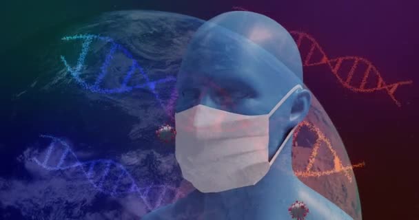 回転するDna鎖のアニメーション 回転する地球とコヴィト19細胞は 顔マスクを身に着けている人間の頭のモデル上に広がっている 全球コロナウイルスパンデミックの概念デジタル的に生成された画像 — ストック動画