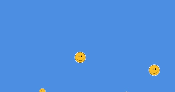 Animatie Van Meerdere Digitale Smiley Emoji Gezichten Zwevend Een Blauwe — Stockvideo