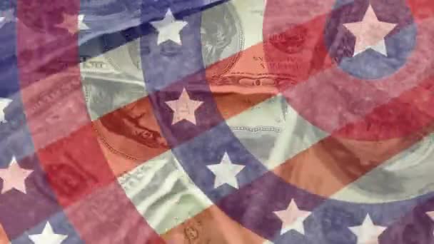 Анимация Кругов Вращающихся Звездами Американского Флага Полосами Вращающимися Банкнотами Американского — стоковое видео