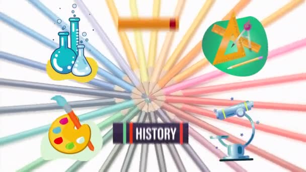 Цифровая Анимация Иконок Концепции Множественной Школы Стопка Книг Поверх Красочных — стоковое видео