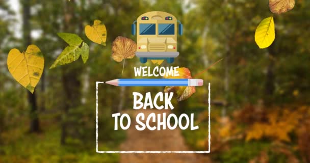 デジタルアニメーション学校のテキストや鉛筆や背景の森に落ちて葉の上のスクールバスのアイコンへようこそ — ストック動画