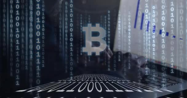 Animation Digital Interface Binary Coding Processing Bitcoin Sign Hacker Using — Stock Video