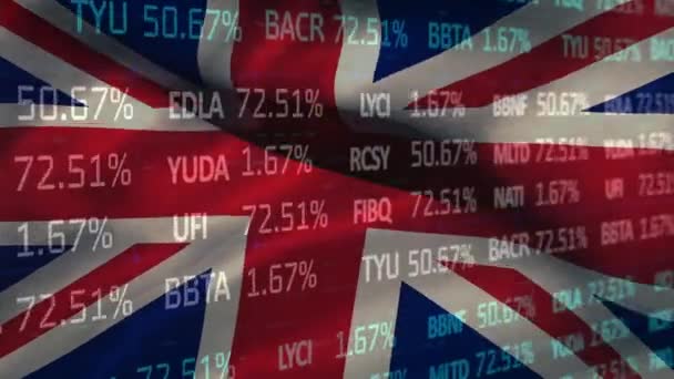 针对英国国旗飘扬的股市数据处理数字合成视频 全球经济股票市场概念 — 图库视频影像