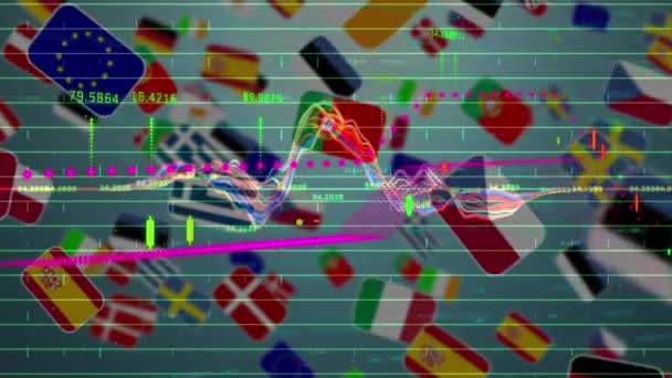 Digital Sammansatt Video Finansiell Databehandling Över Olika Nationella Flagga Rör — Stockvideo