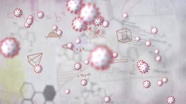 Beyaz Zemin Üzerinde Yüzen Kovid19 Hücrenin Matematiksel Denklemlerin Animasyonu Okul — Stok video