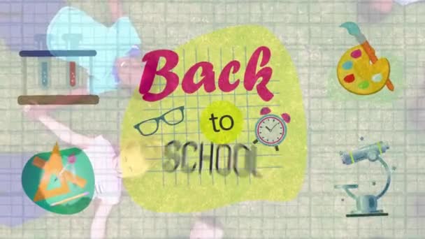 Animasi Digital Kembali Teks Sekolah Dan Beberapa Ikon Konsep Sekolah — Stok Video