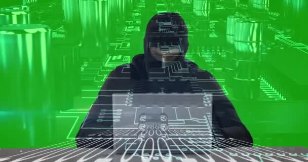 Animación Interfaz Digital Sobre Hacker Pasamontañas Usando Computadora Portátil Con — Vídeos de Stock