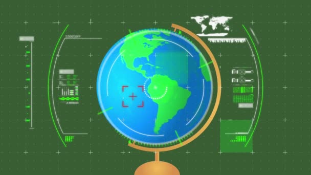 Animatie Van Gegevensverwerking Zwevende Diagrammen Draaiende Wereldbol Groene Achtergrond Onderwijs — Stockvideo