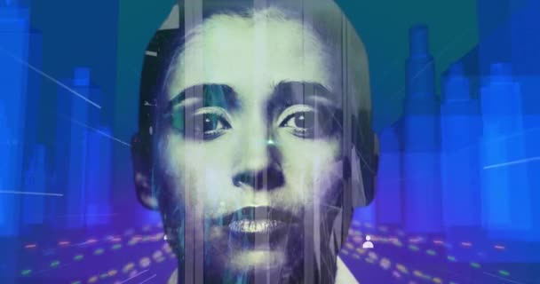 Animacja Portretu Kobiety Nad Ludźmi Ikony Cyfrowy Interfejs Niebieski Świecący — Wideo stockowe