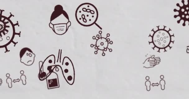 Animación Iconos Marrones Personas Con Máscaras Faciales Pulmones Manos Células — Vídeo de stock