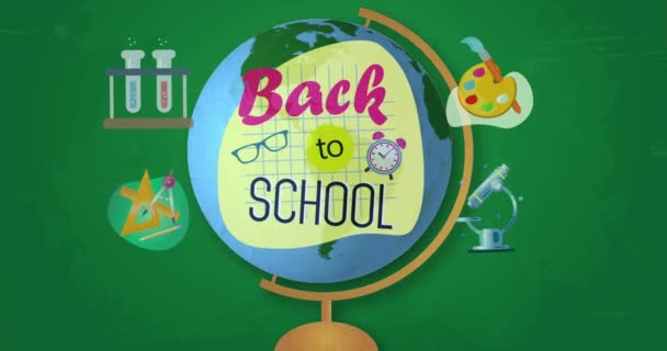 Animación Del Texto Volver Escuela Pictogramas Escolares Sobre Globo Giratorio — Vídeo de stock