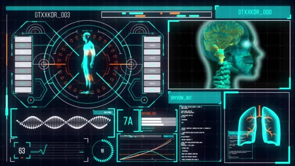三维人体模型在黑色背景下在数字界面上旋转的数字动画 医学研究计算机接口概念 — 图库视频影像