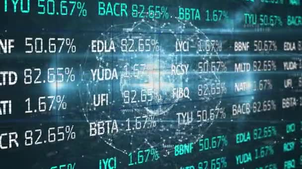 在蓝色背景下 全球旋转的股票市场数据处理的数字动画 全球经济 股票市场和全球联网概念 — 图库视频影像