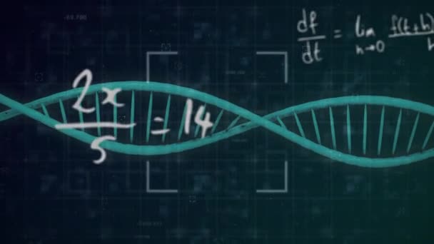 Siyah Arkaplan Üzerinde Yüzen Dna Iplikçiklerinin Matematiksel Denklemlerin Animasyonu Dijital — Stok video