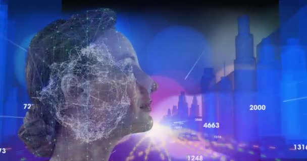 Animación Mujer Sobre Interfaz Digital Azul Brillante Modelo Arquitectónico Paisaje — Vídeos de Stock