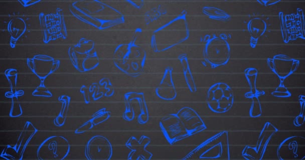 Анимация Нескольких Плавающих Школьных Пиктограмм Темном Фоне Восстановление Концепции Образования — стоковое видео
