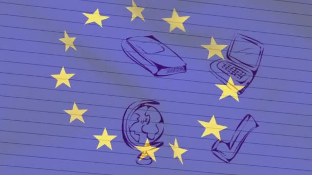 Úszó Iskolai Piktogramok Animációja Uniós Zászló Lobogtatása Felett Háttérben Oktatás — Stock videók