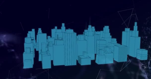 Animación Interfaz Digital Girando Azul Brillante Modelo Arquitectónico Paisaje Urbano — Vídeos de Stock