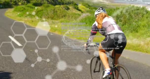 Animation Des Menschlichen Gehirns Und Aufzeichnung Wissenschaftlicher Daten Über Radfahrerinnen — Stockvideo