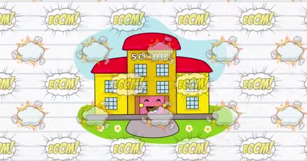 Digitální Animace Budovy Školy Ikona Více Boom Text Řeč Bubliny — Stock video