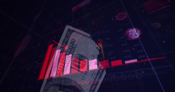 Animation Digital Interface Graphs Statistics Spinning Coronavirus Covid Cells Banknote — Stock Video