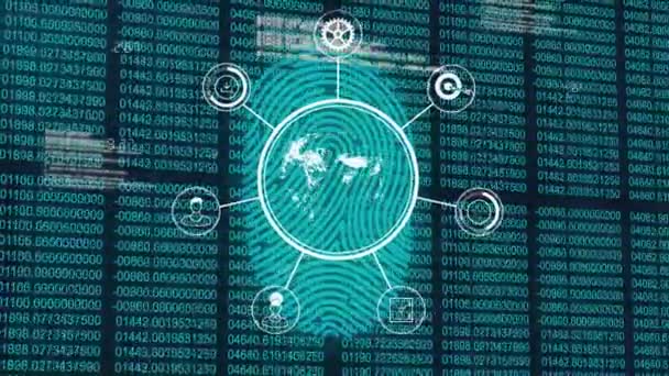 青の背景でデータ処理に対する世界中の接続アイコンと指紋スキャナのネットワーク グローバルネットワークとオンラインセキュリティの概念 — ストック動画