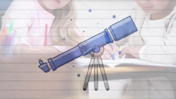 Digitale Animatie Van Telescope Icoon Wit Geregeerd Papier Tegen Schooljongen — Stockvideo