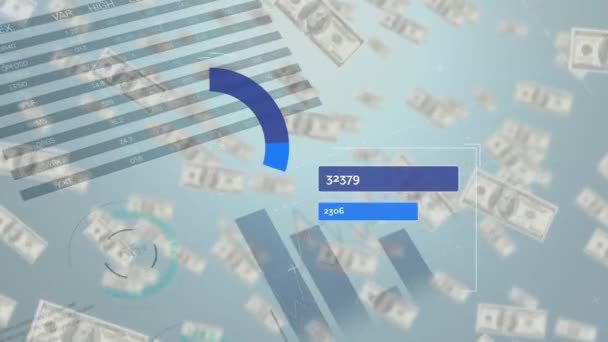 Animação Digital Processamento Dados Financeiros Sobre Notas Dólar Americano Caindo — Vídeo de Stock
