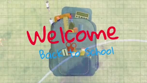 Digitální Animace Welcome Back School Text Backpack Icon Anerial View — Stock video