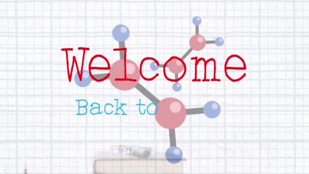 Animação Digital Welcome Back School Text Molecular Structure Stack Books — Vídeo de Stock