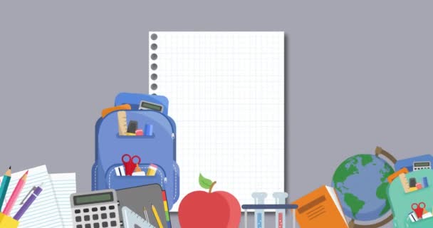 Animace Více Plovoucích Školních Piktogramů Světlém Pozadí Vzdělání Zpět Školy — Stock video