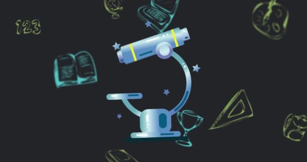 Animace Piktogramu Mikroskopu Nad Školními Piktogramy Černém Pozadí Vzdělání Zpět — Stock video