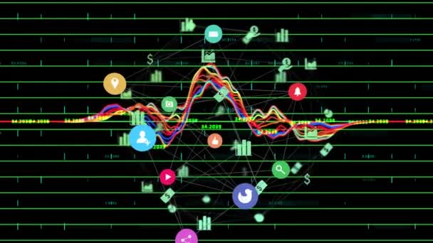 Animação Digital Processamento Dados Financeiros Globo Ícones Digitais Sobre Linhas — Vídeo de Stock