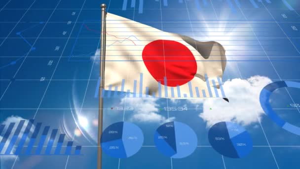 Digital Composite Video Financial Data Processing Grid Lines Japan Flag — Stock Video