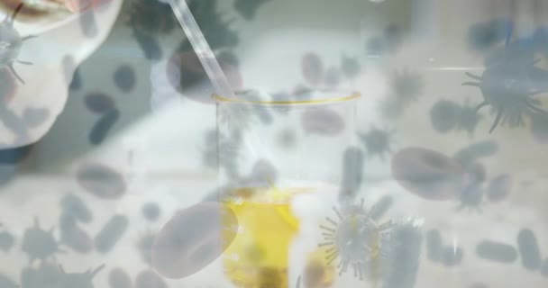 Makrokoronavírus Vérsejtek Animációja Laboratóriumi Berendezések Vérminták Céljából Lebegve Covid Világjárvány — Stock videók
